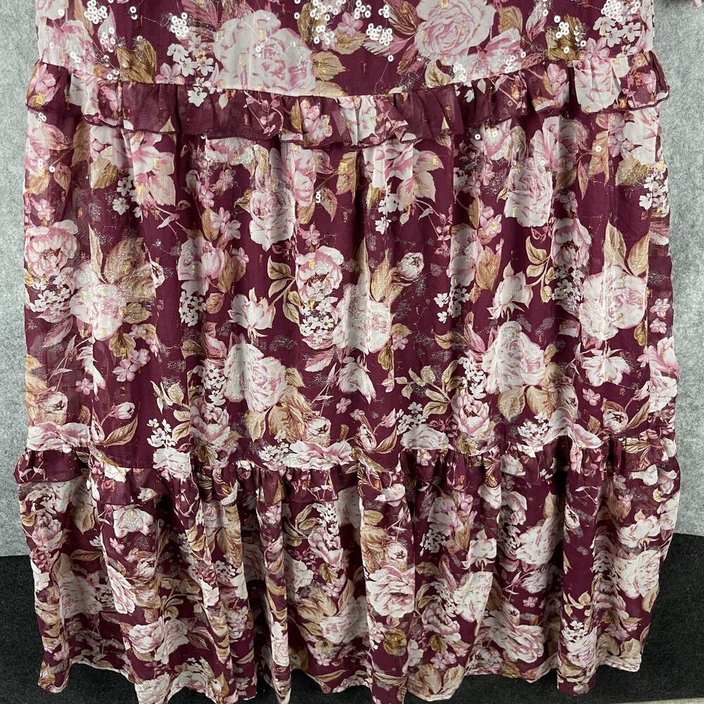 Altar'd State Sailor Tiered Maxi Dress Womens Medium Burgundy Floral Sequins - Picture 4 of 16